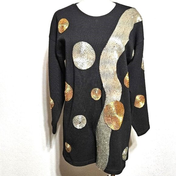 Space Age Futuristic Design Vintage 80s Marino Wool Lavishly Beaded Sweater - Picture 1 of 7